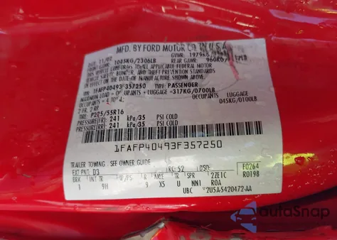 2003 Ford Mustang из США, поврежденный, VIN 1FAFP40493F357250